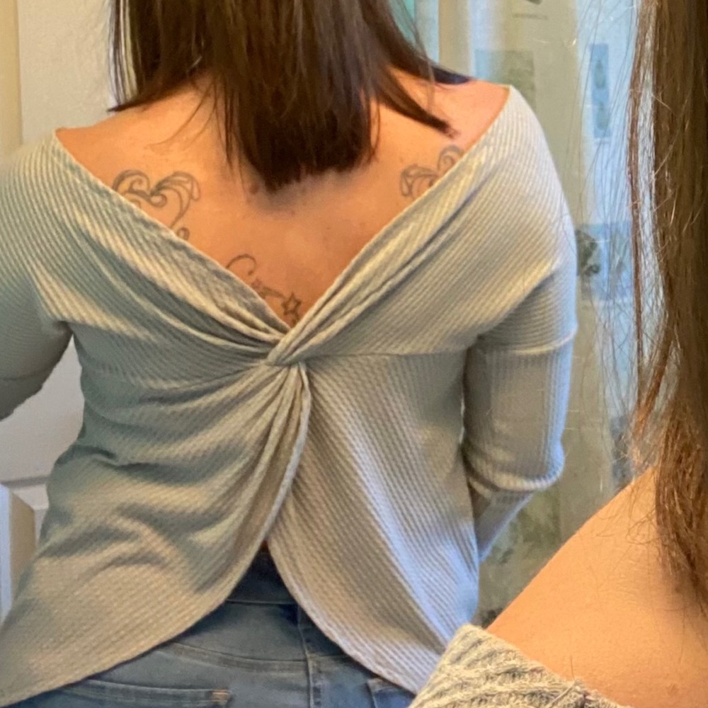 42Pops Gray Waffle Knit Twist Back Off Shoulder Sweater